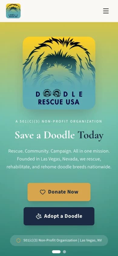 Doodle Rescue USA mobile homepage with Donate Now and Adopt a Doodle buttons.