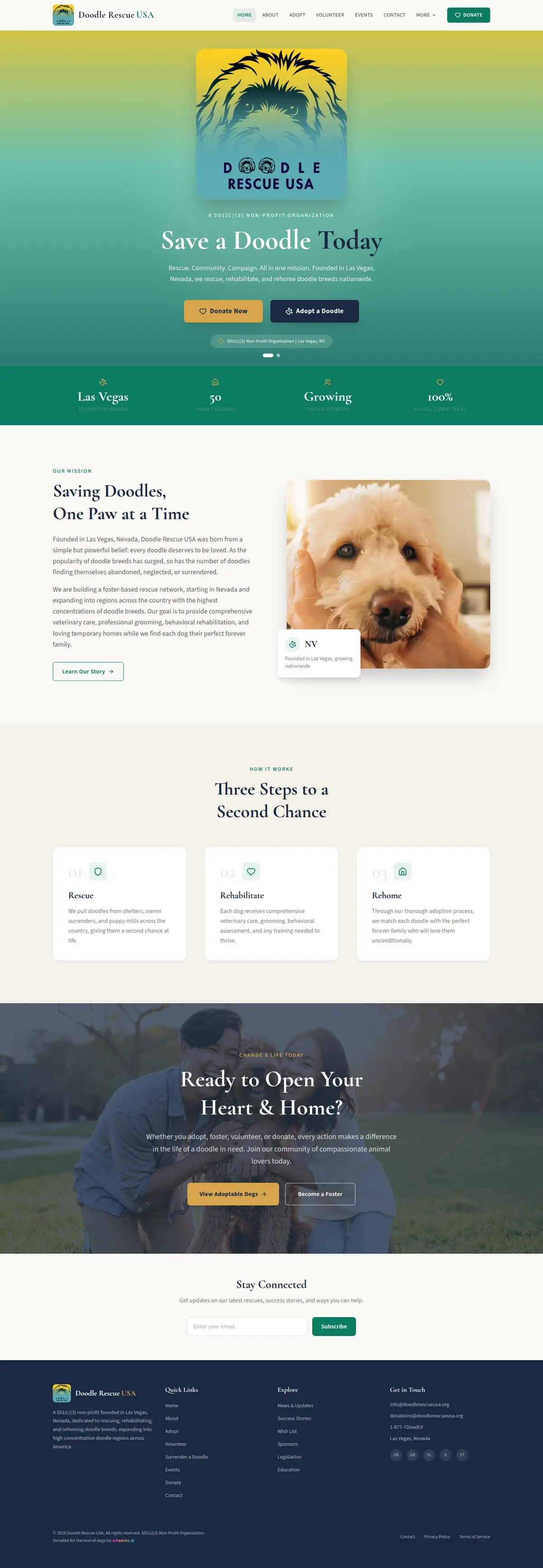 Doodle Rescue USA homepage showing the rescue identity, mission, rescue process, participation links, and footer navigation.